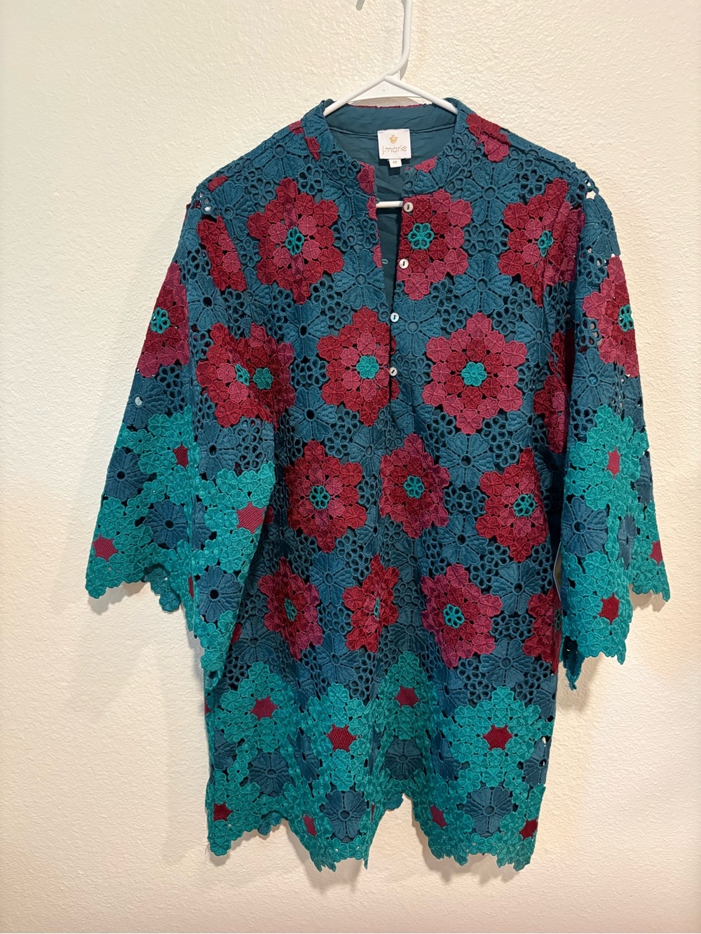 NWT J.Marie Crochet Floral Shift Dress in Teal and Magenta - Picture 2 of 7